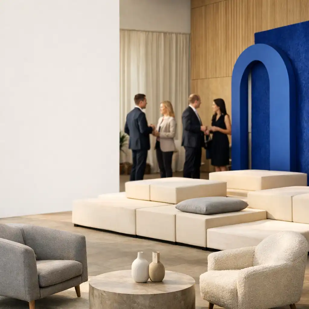 Jasna przestrzeń firmowego wydarzenia z lounge i modularną scenografią
