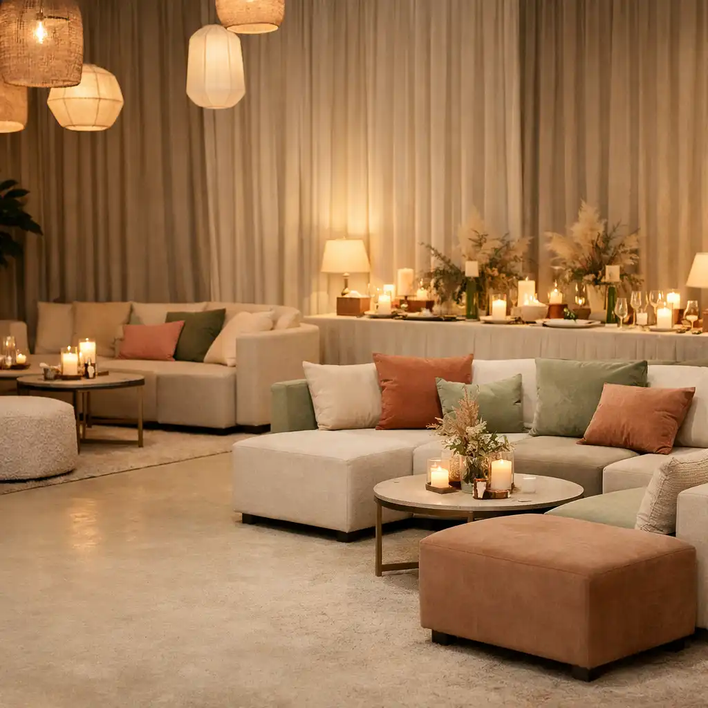 Współczesna przestrzeń eventowa z sofami lounge, światłem i przygotowanym stołem