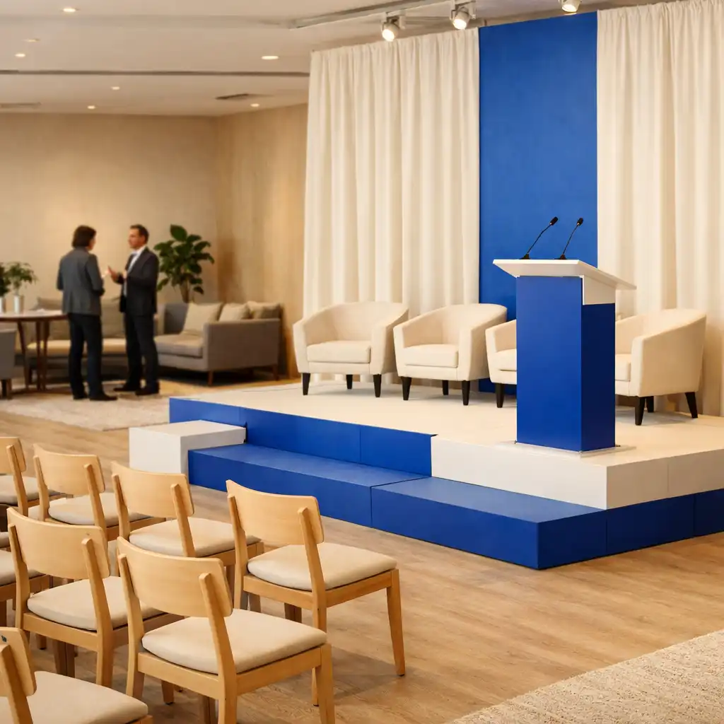 Jasna przestrzeń przygotowana do wydarzenia z modułowym podium, krzesłami i strefą rozmów
