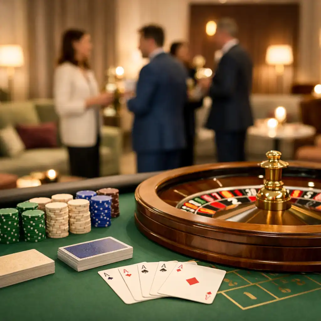 Fizyczny stół ruletki i strefa lounge podczas eleganckiego wydarzenia