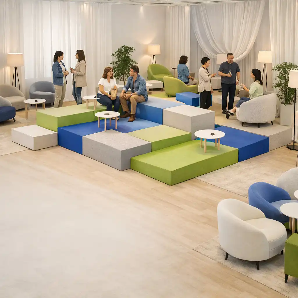 Modułowa przestrzeń lounge z uczestnikami team buildingu