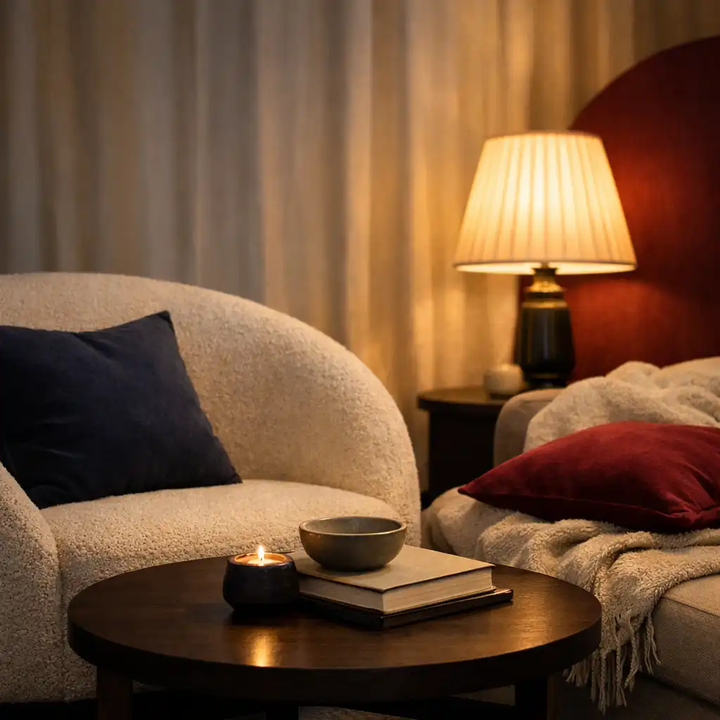 Detal strefy lounge z jasnym fotelem, stolikiem i ciepłą lampą