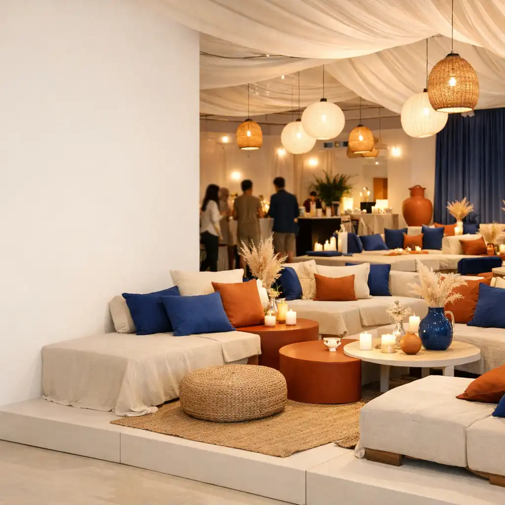 Jasna przestrzeń przygotowana na wieczór tematyczny z lounge i modułową scenografią